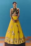 Shop_Pooja Rajgarhia Gupta_Yellow Crepe Hand Embroidered Sequin Halter Sunset Pixel Floral Lehenga Set _Online_at_Aza_Fashions