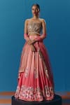 Buy_Pooja Rajgarhia Gupta_Peach Crepe Hand Embroidered Sequin Straight Twilight Pixel Floral Lehenga Set _at_Aza_Fashions