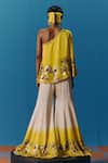 Shop_Pooja Rajgarhia Gupta_Yellow Silk Satin Hand Embroidered Sunlit Asymmetric Top With Bell Bottom Pant _at_Aza_Fashions