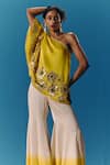 Pooja Rajgarhia Gupta_Yellow Silk Satin Hand Embroidered Sunlit Asymmetric Top With Bell Bottom Pant _Online_at_Aza_Fashions