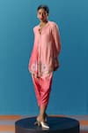 Shop_Pooja Rajgarhia Gupta_Peach Silk Satin Hand Embroidered Sequin Dusk Short Kurta With Petal Pant _at_Aza_Fashions