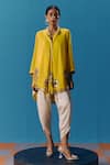 Buy_Pooja Rajgarhia Gupta_Yellow Silk Satin Hand Embroidered Dawn Floral Short Kurta With Petal Pant _at_Aza_Fashions