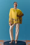 Buy_Pooja Rajgarhia Gupta_Yellow Silk Satin Hand Embroidered Sequin Round Dawn Cape Top With Pant _at_Aza_Fashions