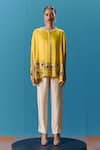 Shop_Pooja Rajgarhia Gupta_Yellow Silk Satin Hand Embroidered Sequin Round Dawn Cape Top With Pant _Online_at_Aza_Fashions