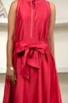 Buy_Eeda_Red Chanderi Plain Halter Neck Front Belt Tie Up Dress _Online_at_Aza_Fashions