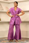 Buy_Eeda_Purple Chanderi Plain Lapel Collar Front Belted Jacket With Bootleg Pant _at_Aza_Fashions