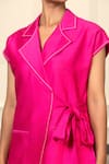 Shop_Eeda_Pink Chanderi Plain Lapel Collar Front Belted Jacket With Skirt _Online_at_Aza_Fashions