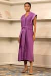 Buy_Eeda_Purple Chanderi Plain Notched Collar Side Slit Midi Dress With Belt _at_Aza_Fashions