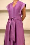 Eeda_Purple Chanderi Plain Notched Collar Side Slit Midi Dress With Belt _Online_at_Aza_Fashions