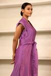 Buy_Eeda_Purple Chanderi Plain Notched Collar Side Slit Midi Dress With Belt _Online_at_Aza_Fashions