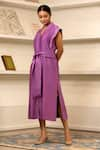 Shop_Eeda_Purple Chanderi Plain Notched Collar Side Slit Midi Dress With Belt _Online_at_Aza_Fashions