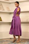 Eeda_Purple Chanderi Plain Notched Collar Side Slit Midi Dress With Belt _at_Aza_Fashions