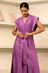 Buy_Eeda_Purple Chanderi Plain Notched Collar Side Slit Midi Dress With Belt 