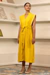 Buy_Eeda_Yellow Chanderi Plain Notched Collar Side Slit Midi Dress With Belt _at_Aza_Fashions