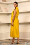 Shop_Eeda_Yellow Chanderi Plain Notched Collar Side Slit Midi Dress With Belt _at_Aza_Fashions