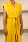 Eeda_Yellow Chanderi Plain Notched Collar Side Slit Midi Dress With Belt _Online_at_Aza_Fashions