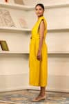 Buy_Eeda_Yellow Chanderi Plain Notched Collar Side Slit Midi Dress With Belt _Online_at_Aza_Fashions