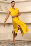 Shop_Eeda_Yellow Chanderi Plain Notched Collar Side Slit Midi Dress With Belt _Online_at_Aza_Fashions