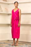 Buy_Eeda_Pink Chanderi Plain V Neck Side Knotted Midi Dress _at_Aza_Fashions