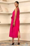 Shop_Eeda_Pink Chanderi Plain V Neck Side Knotted Midi Dress _at_Aza_Fashions