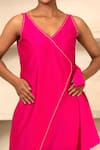 Eeda_Pink Chanderi Plain V Neck Side Knotted Midi Dress _Online_at_Aza_Fashions