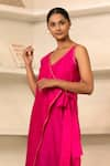 Shop_Eeda_Pink Chanderi Plain V Neck Side Knotted Midi Dress _Online_at_Aza_Fashions