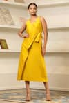 Buy_Eeda_Yellow Chanderi Plain V Neck Midi Side Knotted Dress _at_Aza_Fashions