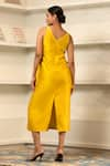 Shop_Eeda_Yellow Chanderi Plain V Neck Midi Side Knotted Dress _at_Aza_Fashions