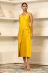 Eeda_Yellow Chanderi Plain V Neck Midi Side Knotted Dress _Online_at_Aza_Fashions