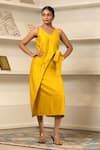 Shop_Eeda_Yellow Chanderi Plain V Neck Midi Side Knotted Dress _Online_at_Aza_Fashions