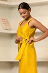 Eeda_Yellow Chanderi Plain V Neck Midi Side Knotted Dress _at_Aza_Fashions