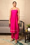 Eeda_Pink Chanderi Plain Square Neck Side Tie-up Kurta With Pant _Online_at_Aza_Fashions