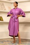 Buy_Eeda_Purple Chanderi Plain Collared Neck Front Belted Kaftan Dress _at_Aza_Fashions