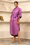 Shop_Eeda_Purple Chanderi Plain Collared Neck Front Belted Kaftan Dress _at_Aza_Fashions