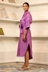 Buy_Eeda_Purple Chanderi Plain Collared Neck Front Belted Kaftan Dress _Online_at_Aza_Fashions