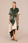 Buy_AMPM_Green Rose Silk Colour-blocked V-neck Serena Jacket With Skirt _at_Aza_Fashions