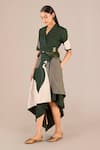 AMPM_Green Rose Silk Colour-blocked V-neck Serena Jacket With Skirt _Online_at_Aza_Fashions