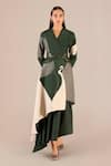 Buy_AMPM_Green Rose Silk Colour-blocked V-neck Serena Asymmetric Jacket With Skirt _at_Aza_Fashions