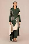 AMPM_Green Rose Silk Colour-blocked V-neck Serena Asymmetric Jacket With Skirt _Online_at_Aza_Fashions