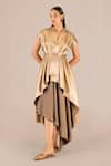 Buy_AMPM_Gold Metallic V-neck Amra Box Pleated Jacket And Draped Skirt Set _at_Aza_Fashions