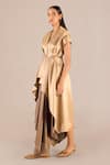 Shop_AMPM_Gold Metallic V-neck Amra Box Pleated Jacket And Draped Skirt Set _Online_at_Aza_Fashions