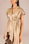 Shop_AMPM_Gold Metallic V-neck Amra Box Pleated Jacket And Draped Skirt Set _at_Aza_Fashions