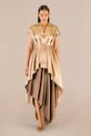 AMPM_Gold Metallic V-neck Amra Box Pleated Jacket And Draped Skirt Set _at_Aza_Fashions