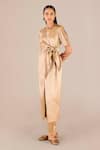 AMPM_Gold Metallic V-neck Urvi Twill Tie Up Tunic With Pant _at_Aza_Fashions