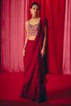 Shop_Mrunalini Rao_Maroon Blouse Raw Silk Hand Embroidered Tarala Pre-draped Ruffle Saree With _at_Aza_Fashions