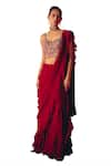 Shop_Mrunalini Rao_Maroon Blouse Raw Silk Hand Embroidered Tarala Pre-draped Ruffle Saree With _Online_at_Aza_Fashions