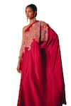 Mrunalini Rao_Maroon Pure Silk Hand Embroidered Resham One-shoulder Mir One Kaftan Dress _Online_at_Aza_Fashions