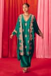 Shop_Mrunalini Rao_Green Pure Silk Hand Embroidered Resham V-neck Sukshi Cuff Kurta With Pant _at_Aza_Fashions