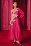 Buy_Mrunalini Rao_Pink Pure Silk Hand Embroidered Resham One-shoulder Tamira One Kaftan Dress _at_Aza_Fashions