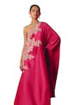 Buy_Mrunalini Rao_Pink Pure Silk Hand Embroidered Resham One-shoulder Tamira One Kaftan Dress _Online_at_Aza_Fashions